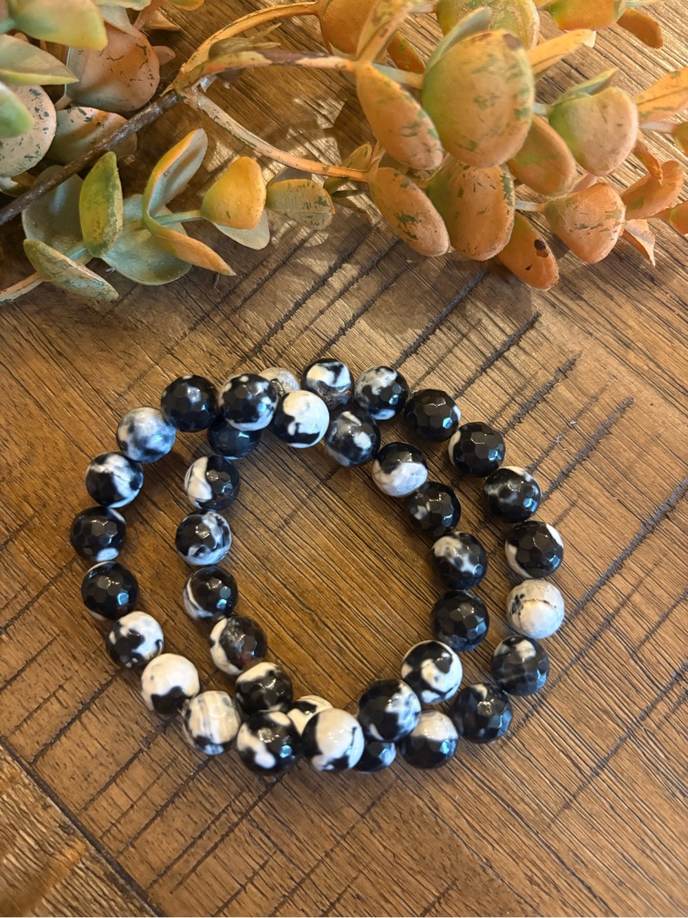 Black & White Marbled Agate Gemstone  Stretch Bracelet - Women Jewelry